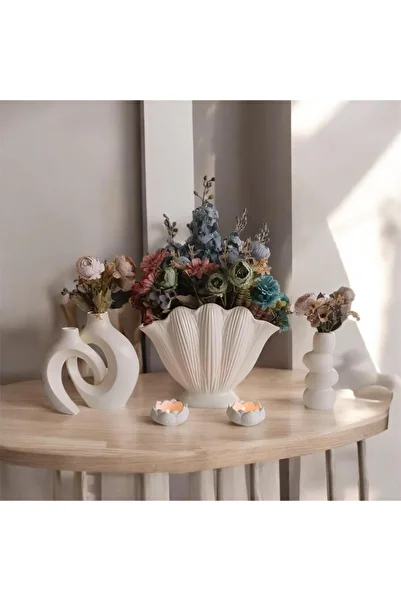 The Motellas Decorative Cream Oyster Object & 2-Piece Vase Candle Holder Set – Large Size |   Living Room, Office Home Decoration