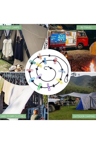 COOYA Retractable Travel Clothesline, Adjustable 4,9ft-12ft with 12 Colorful Clips,for Hotel, Camping