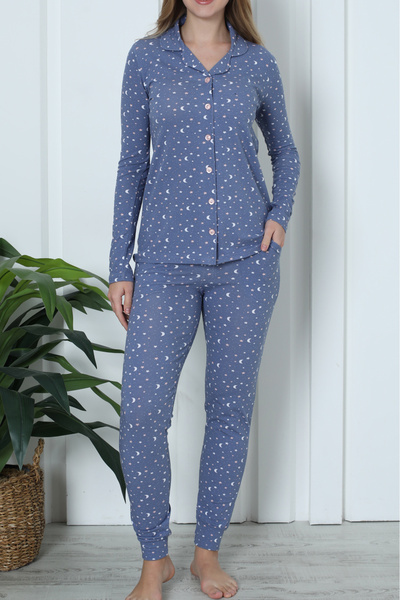 Nicoletta Kadın Pijama Uzun Kollu Düğmeli Pijama Takımı Cepli Pamuk  3 Lü Takım Kısa Kollu INDIGO