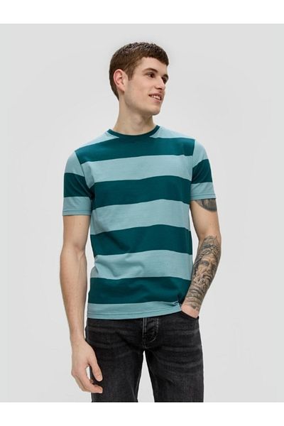 QS by s.Oliver Men's T-shirt with crew neck and striped print, QS by s.Oliver, Dark Green