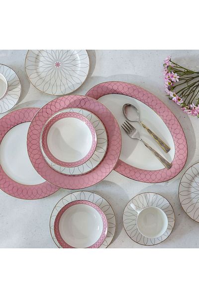 Danube Home Eleganza 44-Pc New Bone China Dinner Set-White/Pink-Serves 8