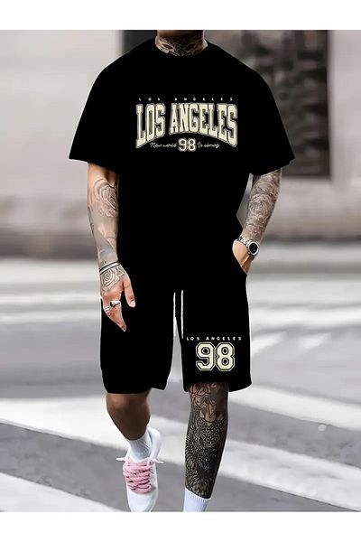 LAND MODA Summer Numbers and Letters Printed Men's Short Sleeve Shorts Casual Fashion Sports Suit