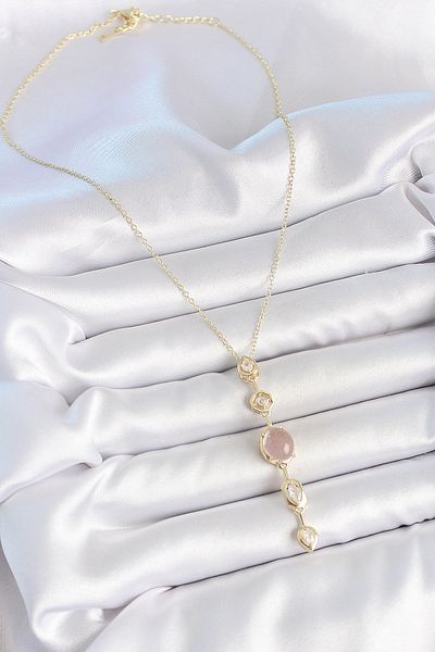 Skygo 316L Steel Gold Color Chain Zircon Stone Pink Enamel Y Model Low-Cut Women's Necklace - Tj-Bko10208