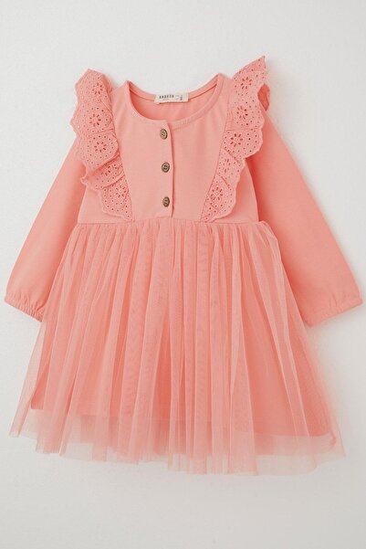 Breeze Kız Çocuk Uzun Kollu Elbise Tüllü Güpürlü 1.5-5 Yaş, Somon