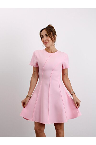 Maldia Shop Kadın Kısa Kol Biyeli Pembe Çan Elbise
