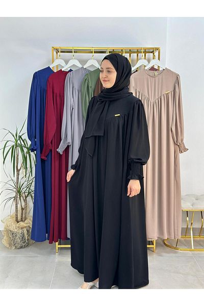 R&S modibone Suit with Shawl, Hijab Front V Model Gathered Dress, Abaya Hijab, Ferrac Hijab and Umrah Suit Black