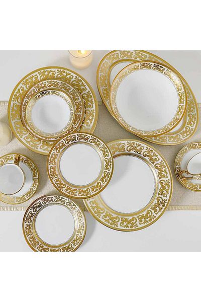 Danube Home Royal Feast 44-Pc Premium Fine Porcelain Dinner Set-White/Gold-Serves 8