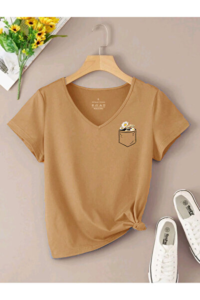 FAVORİST Βαμβακερό μπλουζάκι με λαιμόκοψη V βασικό φλοράλ εμπριμέ (κανονική ε...