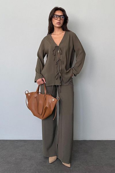 Madmext Khaki Front Tie-Up Bottom Top Set Mg2473