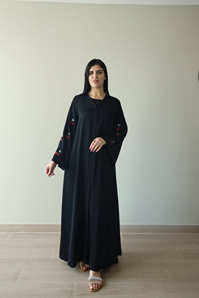 LINELLE عباية نسائية - تطريز على الأكمام بتصميم الكرز - عباية سوداء