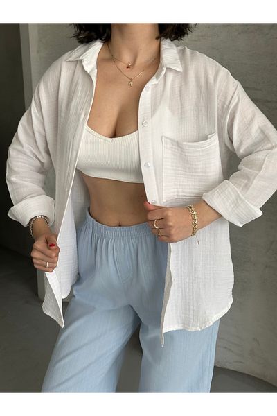 Moda Palmiss Cămașă oversize din țesătură albă de muselină pentru femei