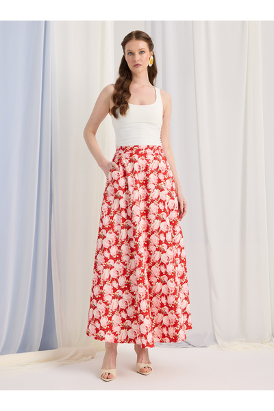 Store Wf Kirmizi Cicek Desenli Maxi Etek