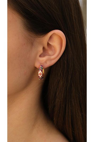 Jerie Gold Purple Flower Figure Enameled Hoop Earrings