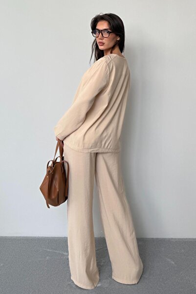 Madmext Beige Front Tie-Up Bottom Top Set Mg2473