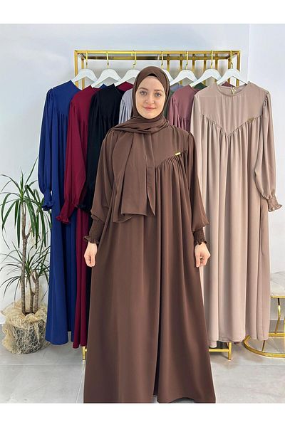 R&S modibone Suit with Shawl,Modest Front V Model Gathered Dress,Abaya Hijab, Suitable Coffee in Ferrace Hajj and Umrah