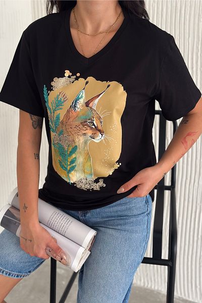 FEMELLE Women's Black V-Neck Large Size Cat Sequin Sequin Embroidered 100% Cotton Large Size T-Shirt