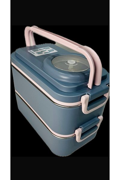 Uzspace Stainless Steel 1200ml Two Layer Insulated Lunch Box with Fork Spoon Sauce Bowl Lunch Box 8023-49