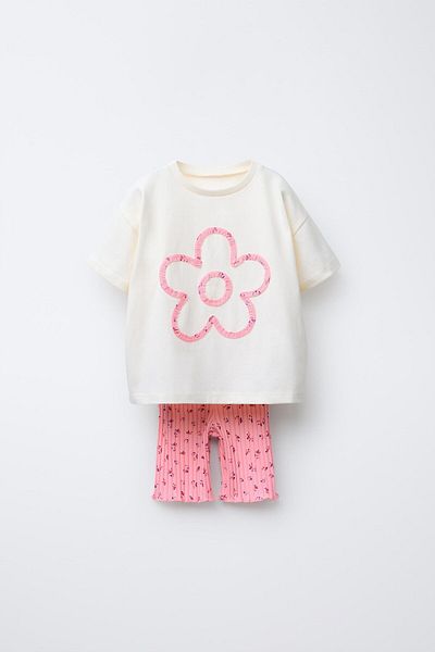 Magu Girl's cotton ecru patterned t-shirt and ribbed leggings set - summer two piece