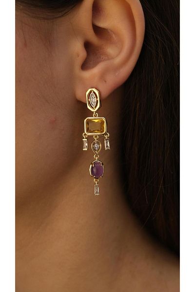 Jerie Gold Geometric Yellow and Purple Stone Detailed Design Earrings
