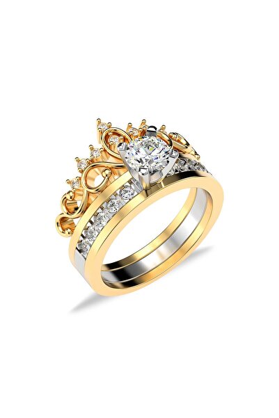 İNDİGO TAKI Çift Parça Kraliçe Tacı Altın Kaplama Gümüş Yüzük