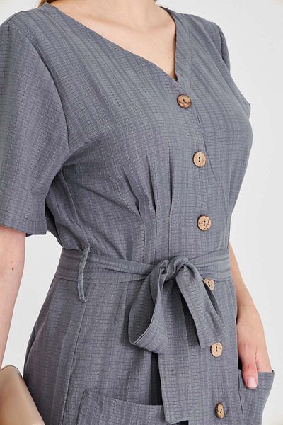 armonika Women's Gray Buttoned Belted Collar Detailed V-Neck Dress Arm-25Y001058