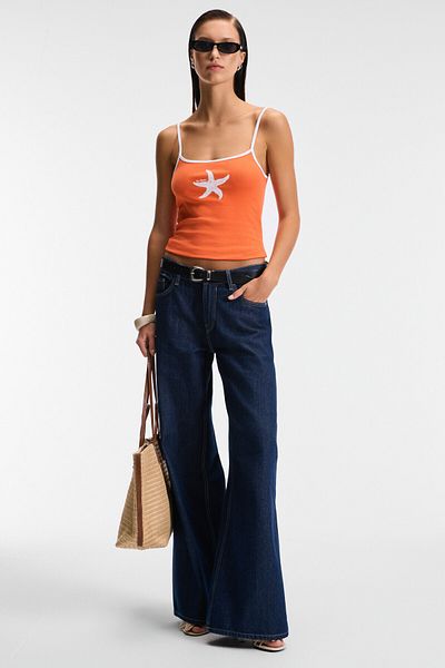GRIMELANGE Vensora Women Soft Textured Printed Stretchy Fabric Contrast Bias Strap Neck Orange Blouse