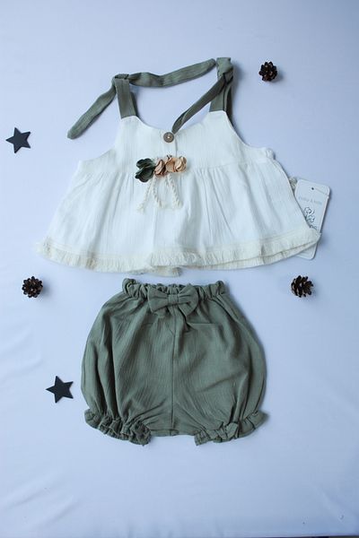 Pio Kids 100% Cotton Organic Krinkil Self-Stringed Brooch Shorts Elastic Long 2-Piece Baby Girl Set