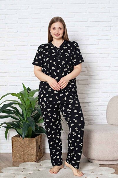 ALİMER Plus Size Pajama Set - Black Daisy Pattern Short Sleeve Lycra Viscose 2855Kyb