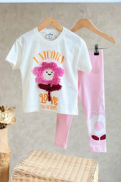 Minigimin Cicileri Mini Girl's Uncrn Flower Detailed Girl's Leggings Set - Pink