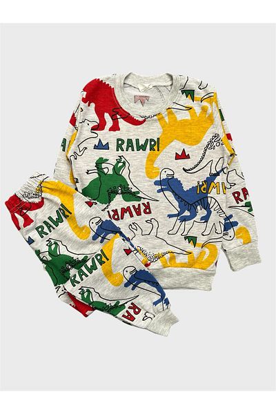 tusem butik homewear Boy's Cotton Gray Dinosaur Patterned Long Sleeve Seasonal Pajamas Set