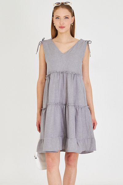 armonika Women's Gray V Neck Ruffle Sleeveless Shoulder Tie Dress Arm-25Y001061