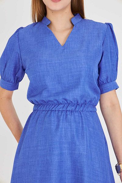 armonika Rochie evazată cu mânecă scurtă, albastră, cu decolteu în V, cu talie elastică ARM-25Y001001