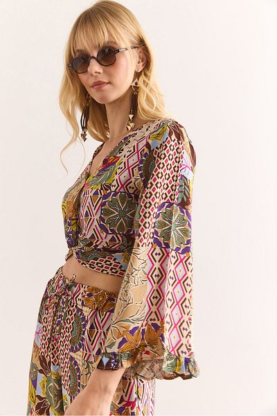 Olalook Women Multicolor Front Knotted Spanish Sleeve Viscose Blouse Blz-19002969