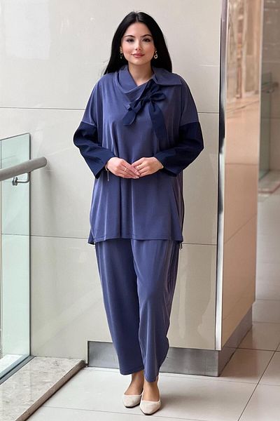Ghisa Tunic Trousers Set with Bow Collar