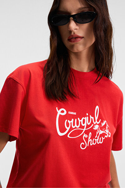 GRIMELANGE Rivela Women's 100% Cotton Regular Fit Printed Crew Neck Short Sleeve Red T-Shirt