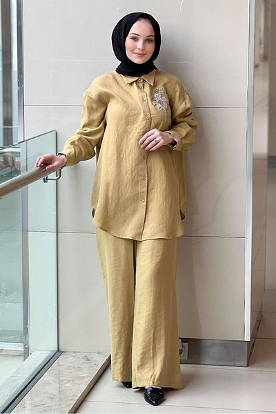 Nurcan Çetin Striped Shirt and Embroidered Trousers Suit