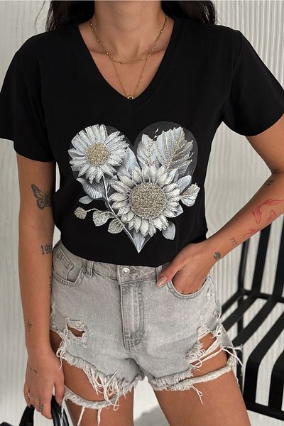 FEMELLE Tricou de damă, negru, cu decolteu în V, cu paiete florale, brodat, 100% bumbac