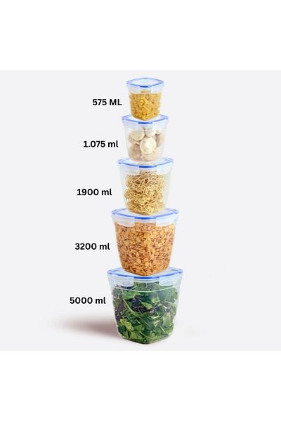 ELDİPA Set of 5 Square Storage Containers with Seals (0.575L - 1.075L - 1.9L - 3.2L - 5L) Premium Plastic Without Bpa