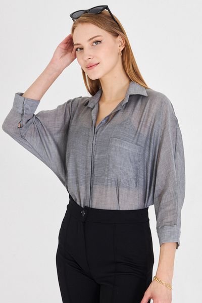 armonika Women's Anthracite Pocketed Loose Linen Shirt Arm-21Y001035