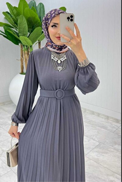 Safgiyim44 Women's Clothing Pleated Belted Dress Gray