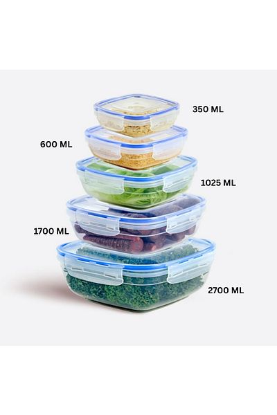 ELDİPA Set of 5 Square Storage Containers with Seals (0.35L - 0.6L - 1.025L - 1.7L - 2.7L) Premium Plastic Without Bpa
