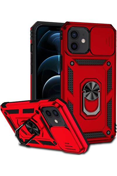 Rivor Apple iPhone 12 Mini Kılıf Kamera Sürgülü Standlı Yüzüklü Darbe Emici Z...