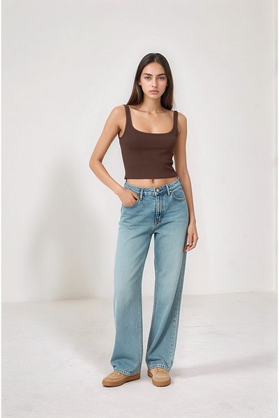 Bled Strapped Corded Basic Crop Tank Top - Double Layer Lined (100% Cotton) Bitter Brown