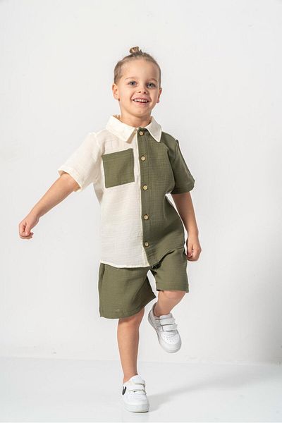 MeaShop Boy's Summer/Easter Muslin Fabric Shirt Shorts Set