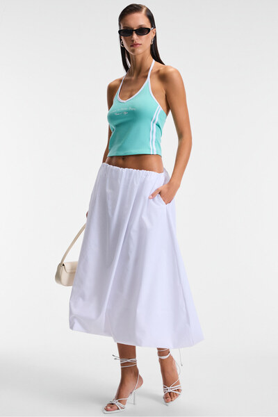 GRIMELANGE Luvina Women's Hanging Neck Zero Sleeve Print Detailed Ribbed Blue Blouse