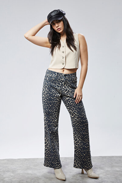 CEDY DENIM High Waist Stretchy Leopard Print Palazzo Jeans - C613 Beige