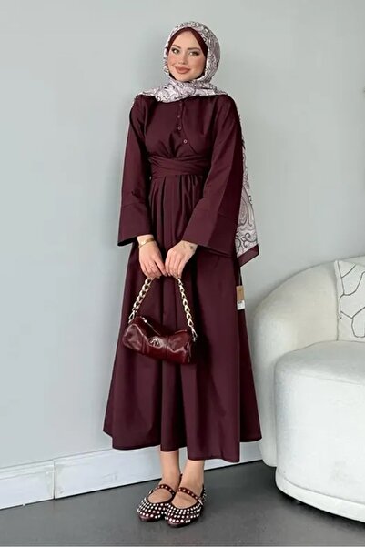 Bestenur Seliz Side Buttoned Dress 1528 - Claret Red