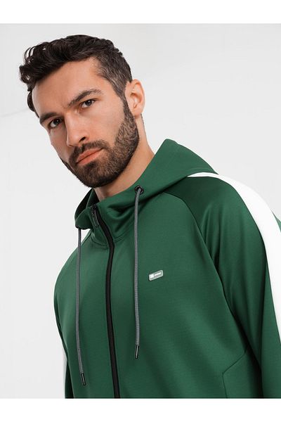 OMBRE Herren-Kapuzensweatshirt mit offenem Reißverschluss und Paspelierung - dunkelgrün V7 OM-SSZP-0210 L