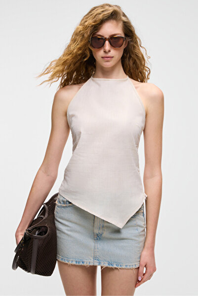 GRIMELANGE SUSIE Kadın %100 Pamuk Keten Görünümlü Sırtı Açık Halter Yaka Bej Bluz