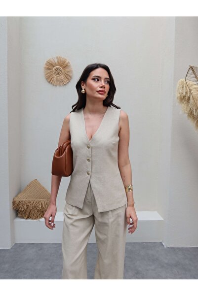 ESRAHELVACI Set de pantaloni cu vestă de in cu detaliu cu nasturi aurii